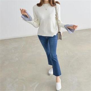Crew-neck Layered-cuff Knit Top