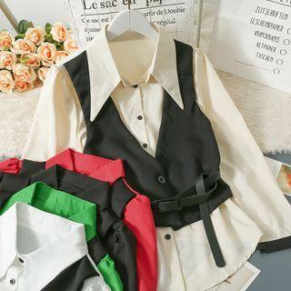 Colorblock Mock Two-piece Loose Shirt With Belt In 5 Colors