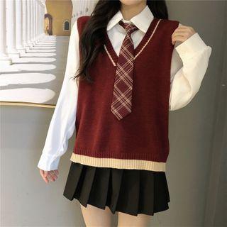 Plain Shirt / Plaid Tie / Contrast Trim Sweater Vest / Set