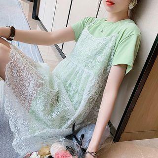 Set: Short-sleeve T-shirt + Spaghetti Strap Mini Lace Dress