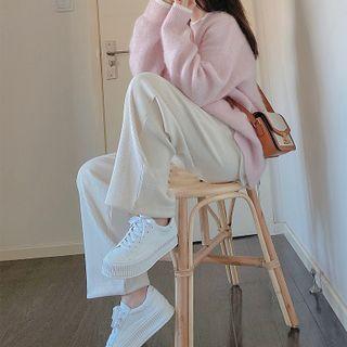 Long-sleeve Distressed Knit Sweater / Plain Wide-leg Pants