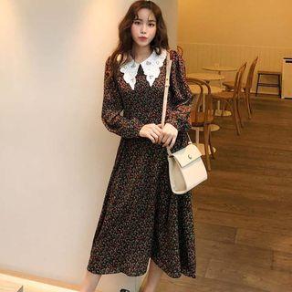 Long-sleeve Floral Midi A-line Dress Floral - Brown - One Size
