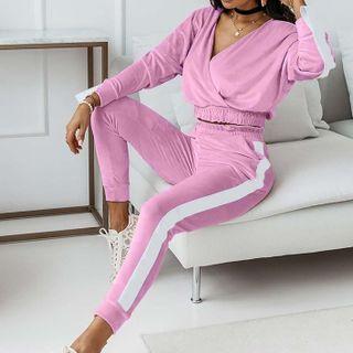 Set: Long Sleeve V-neck Crop Sweatshirt + Color-block Pants