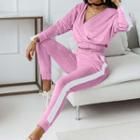 Set: Long Sleeve V-neck Crop Sweatshirt + Color-block Pants