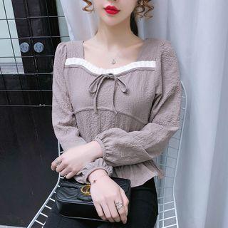 Long-sleeve Frill Trim Square-neck Top