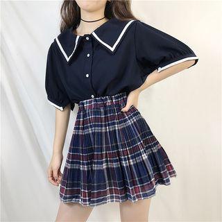 Short-sleeve Contrast-trim Shirt/ Pleated Plaid Skirt