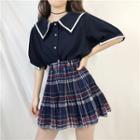 Short-sleeve Contrast-trim Shirt/ Pleated Plaid Skirt