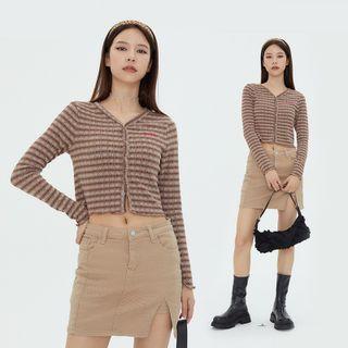 Long Sleeve Lettering Embroidery Stripe Crop Top