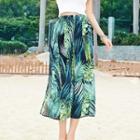 Leaf Print Side Slit Midi Skirt