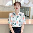 Dotted Short-sleeve Tie-neck Blouse