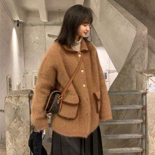 Long-sleeve Plain Faux Fur Coat Camel - One Size