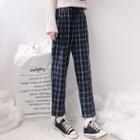 Cropped Check Straight Cut Pants Blue - One Size
