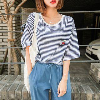 Cherry Embroidered Elbow-sleeve Striped T-shirt