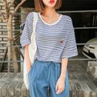 Cherry Embroidered Elbow-sleeve Striped T-shirt