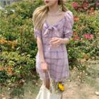 Puff-sleeve Bow Accent Plaid Dress