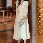 Long-sleeve V-neck Ruched Trim Plain Tie-waist A-line Dress