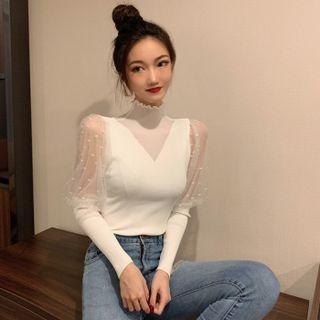 Mock-neck Plain Mesh Dotted Top