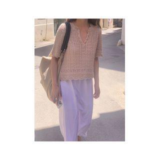 [dearest] Scallop-edge Button-trim Knit Top Beige - One Size
