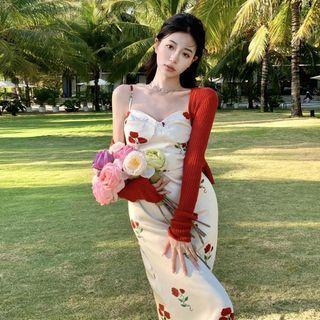 Spaghetti-strap Floral Midi Sheath Dress / Cardigan / Set