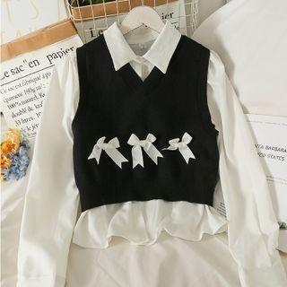 Set: Ribbon-accent Knit Vest + Loose Shirt