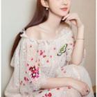 Butterfly Embroidered Off Shoulder Elbow Sleeve Dress