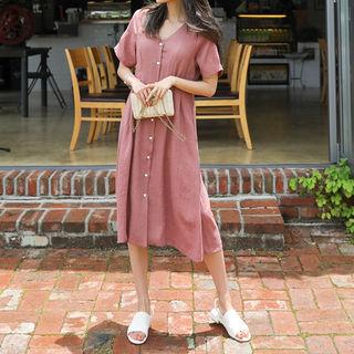 V-neck Linen Blend Midi Shirtdress