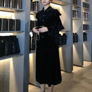 Velvet Shirt / Midi Velvet A-line Skirt