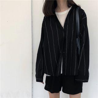 Pinstriped Buttoned Blazer Black - One Size