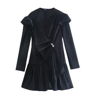 Long-sleeve Ruffled Velvet Mini A-line Dress