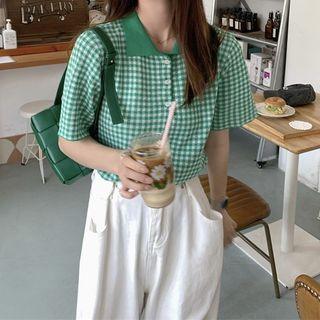 Short-sleeve Plaid Knit Polo Shirt Green - One Size