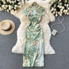Cutout Print Slit Short-sleeve Qipao