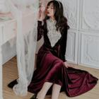 Lace Panel Long-sleeve A-line Midi Velvet Dress