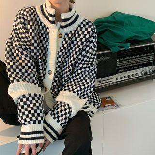 Mock-neck Checkerboard Cardigan Black & White - One Size