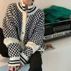 Mock-neck Checkerboard Cardigan Black & White - One Size