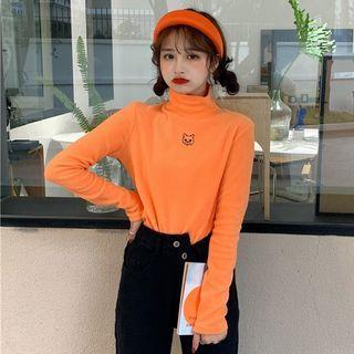 Mock Neck Cat Embroidered Long-sleeve Top