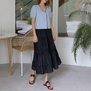 Pintuck Lace-trim Maxi Tiered Skirt