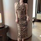 Halter-neck Leopard Print Midi Sheath Dress