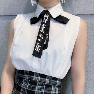 Lettering Tie Neck Sleeveless Shirt White - One Size