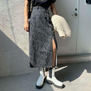 Zebra Print Denim Midi Skirt