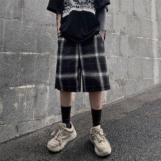 Band-waist Straight-cut Plaid Shorts Black - One Size