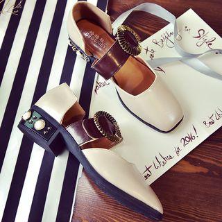 Low-heel Strap Square-toe Embellished Sandals