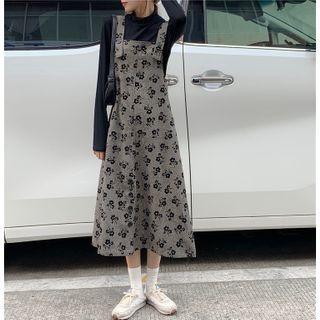 Floral Print Midi A-line Pinafore Dress Ash Coffee - One Size
