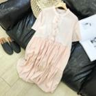 Round Collar Spliced Short-sleeved Dress Pink - One Size