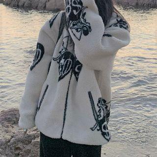 Fleece Zip-up Jacket Black Pattern - Beige - One Size