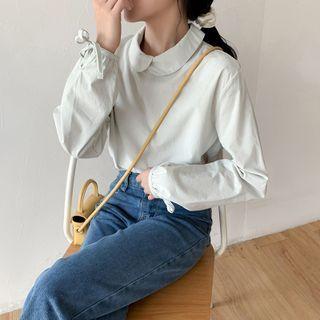 Long-sleeve Peter-pan Collar Blouse Pea Green - One Size