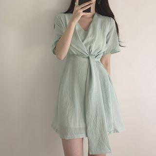 V-neck Short-sleeve Tie-front A-line Dress