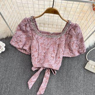 Puff Sleeve Rhinestone Bow Back Crop Blouse