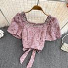 Puff Sleeve Rhinestone Bow Back Crop Blouse