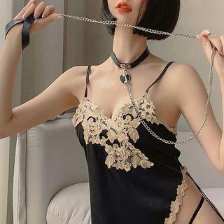 Faux Leather Chained Choker Silver & Black - One Size