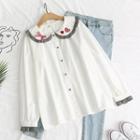 Ruffle Trim Heart Embroidered Blouse White - One Size